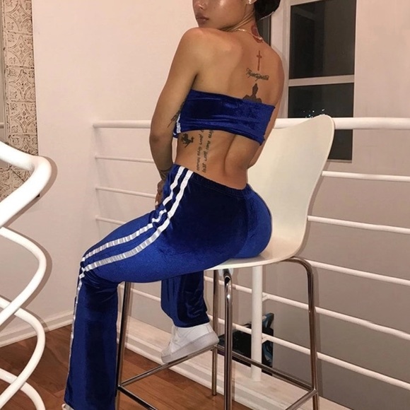 🔴2 Piece/Two Piece Velvet Blue Stripe Set - Picture 3 of 4